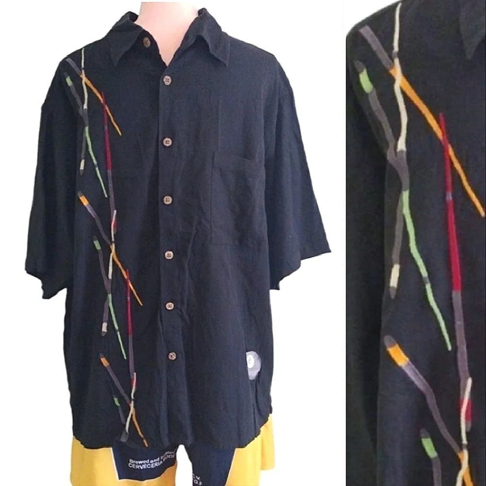 VTG Caribbean Pineapple Black Billiards Silk Blend Button Up Shirt Men's XL